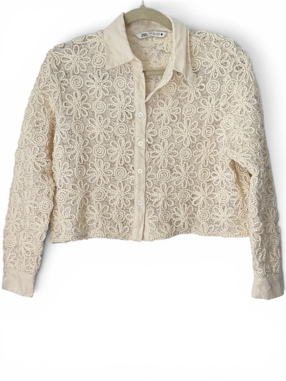 Zara Floral Lace Cropped Button Up Shirt Jacket Cream Size S Style 4786/331